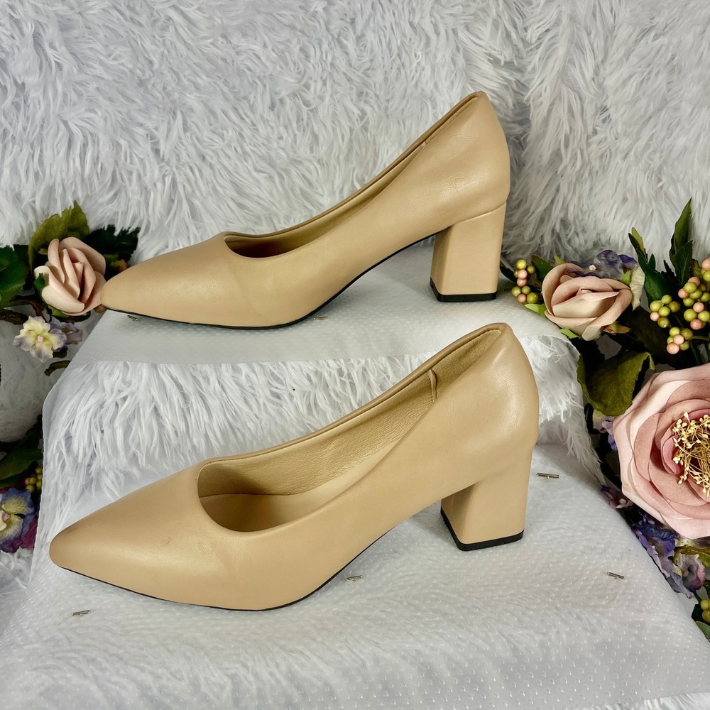 SS·JD Block Heel Pumps Women Size 9 Beige Faux Leather Pointed Toe Office Shoes